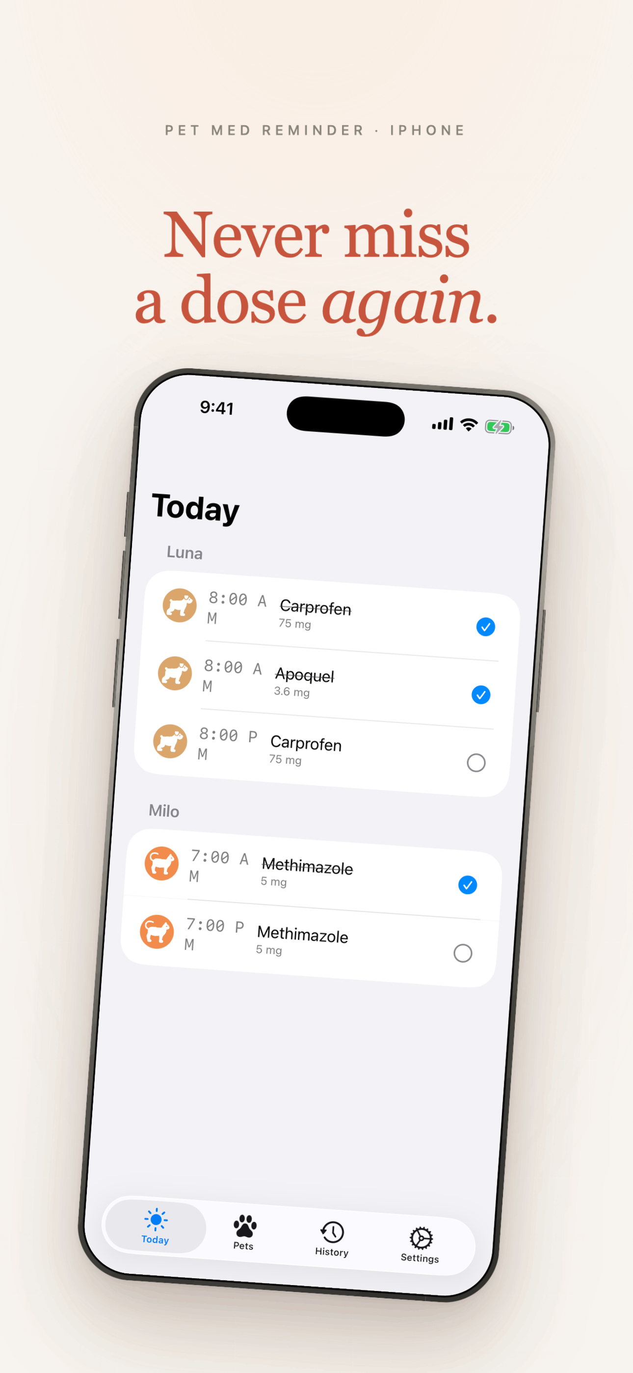 Pet Med Reminder Today screen showing scheduled doses for two pets — Murphy and Juno — with completed morning doses and an upcoming dose due in 18 minutes