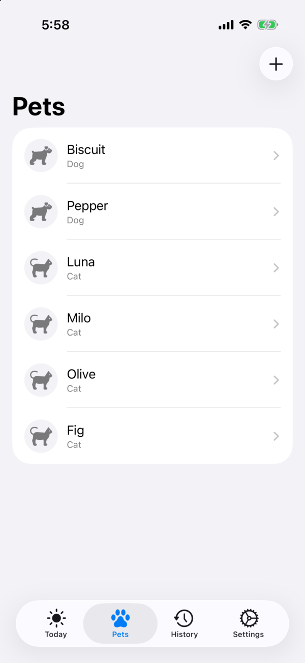 The Pets list with six pets: Biscuit and Pepper, who are dogs, and Luna, Milo, Olive and Fig, who are cats.