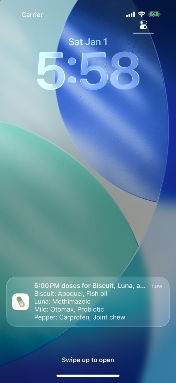 An iPhone lock screen with one notification for the 6:00 PM round. It lists each pet on its own line: Biscuit gets Apoquel and fish oil, Luna gets methimazole, Milo gets Otomax and a probiotic, and Pepper gets Carprofen and a joint chew.